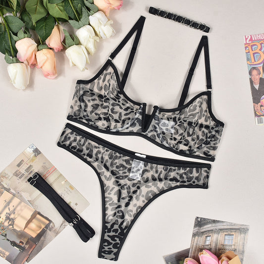 Leopard Print Mesh Lingerie Set