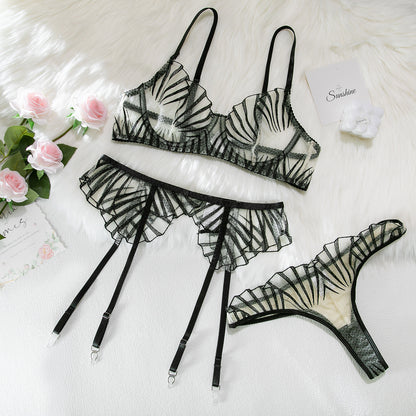 See-through Embroidered Three-piece Lingerie Set