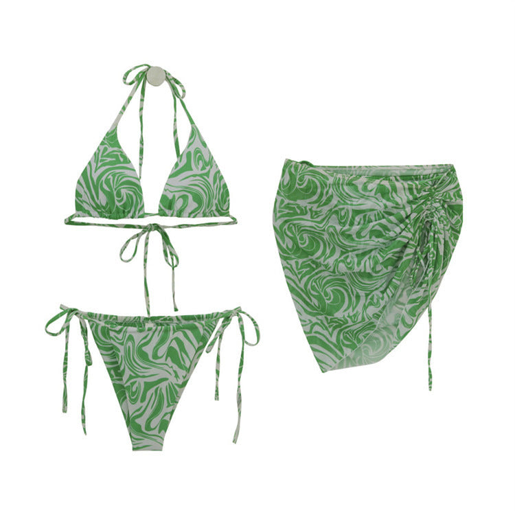 Conjunto de bikini de tres piezas con estampado de ondas