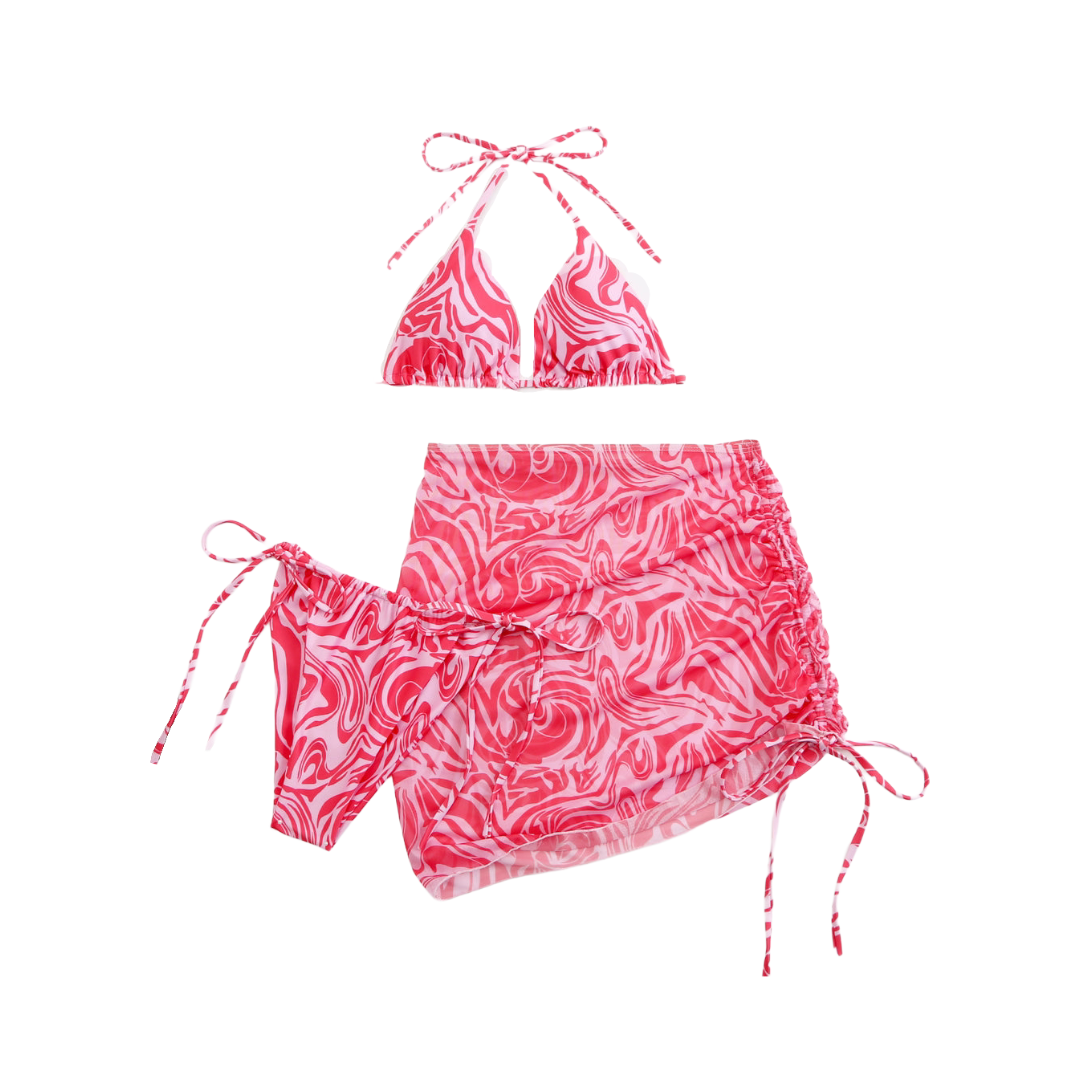 Wave Pattern Three Piece Bikini Set