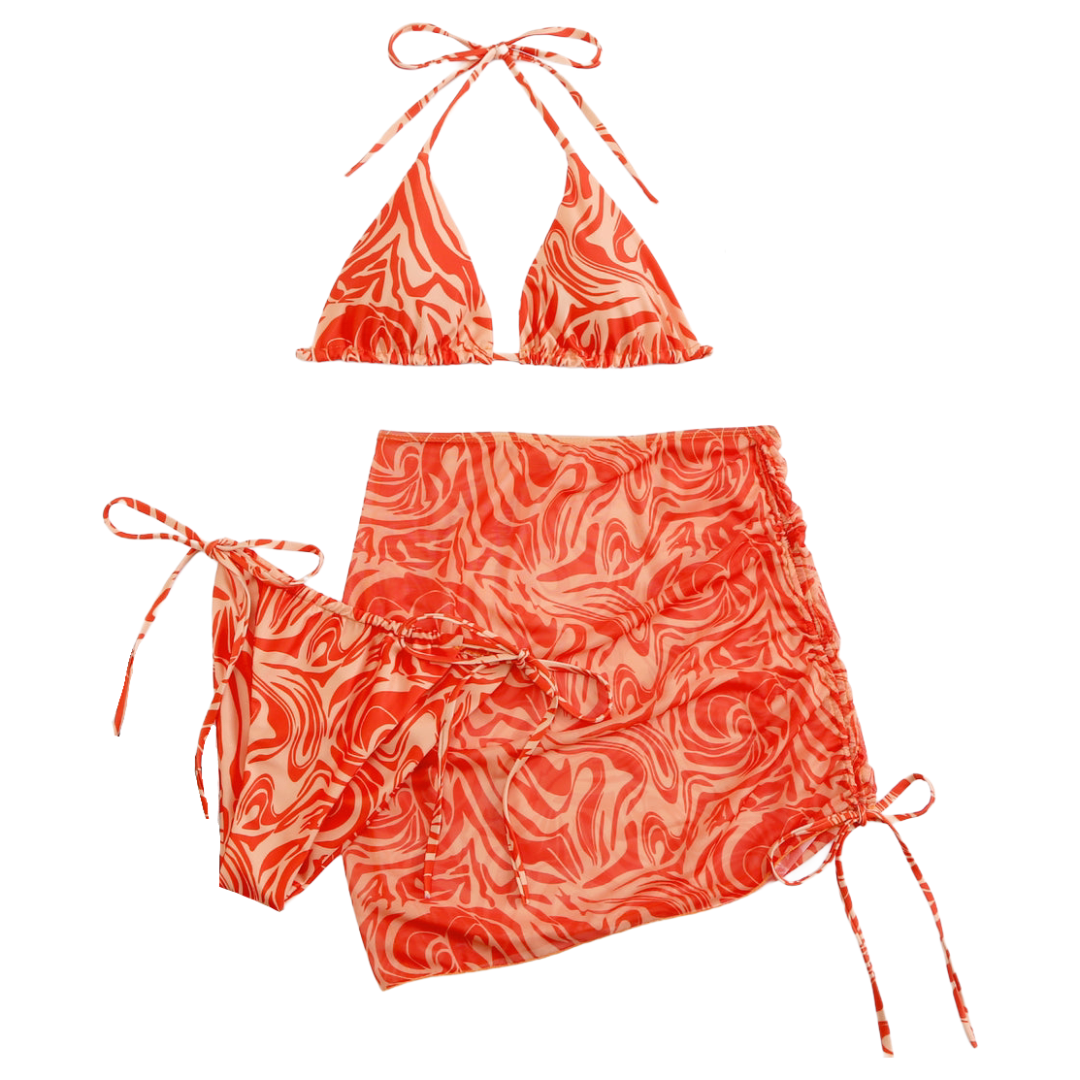 Wave Pattern Three Piece Bikini Set