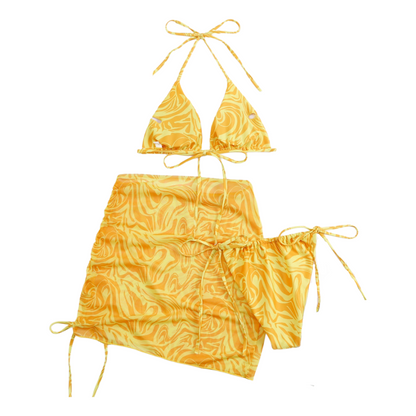 Conjunto de bikini de tres piezas con estampado de ondas